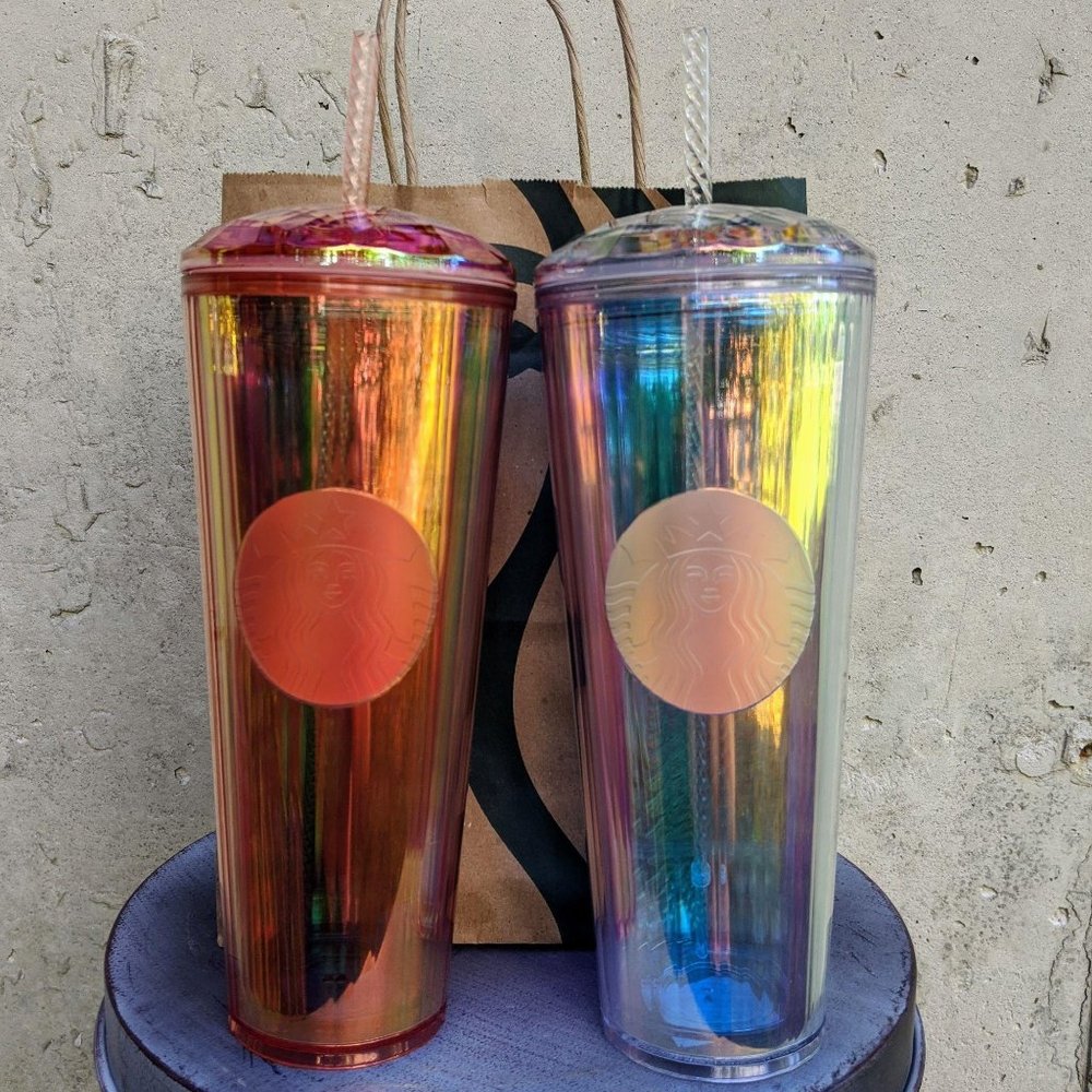 2 Starbucks Iridescent Diamond Tumbler Rose Clear - Picture 1 of 9